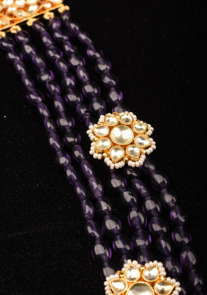 Elegant Purple Multistrand Beads Ahmedabadi Jadau Kundan Long Necklace Set