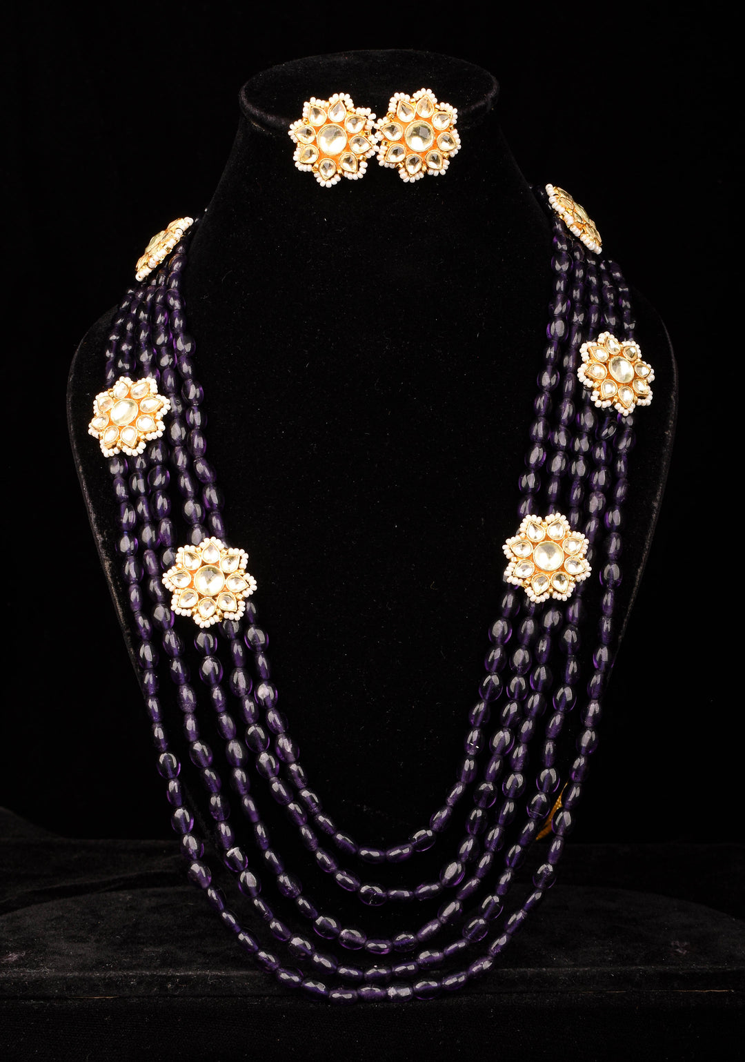 Elegant Purple Multistrand Beads Ahmedabadi Jadau Kundan Long Necklace Set