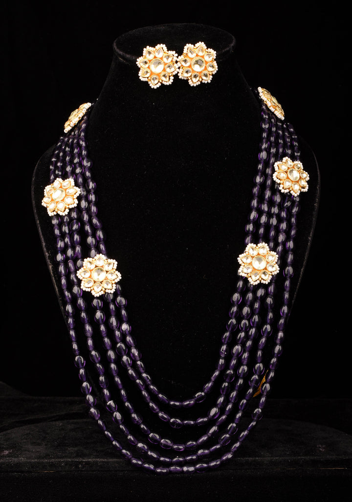 Elegant Purple Multistrand Beads Ahmedabadi Jadau Kundan Long Necklace Set