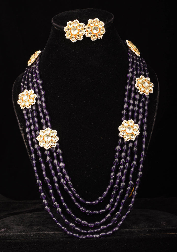 Elegant Purple Multistrand Beads Ahmedabadi Jadau Kundan Long Necklace Set