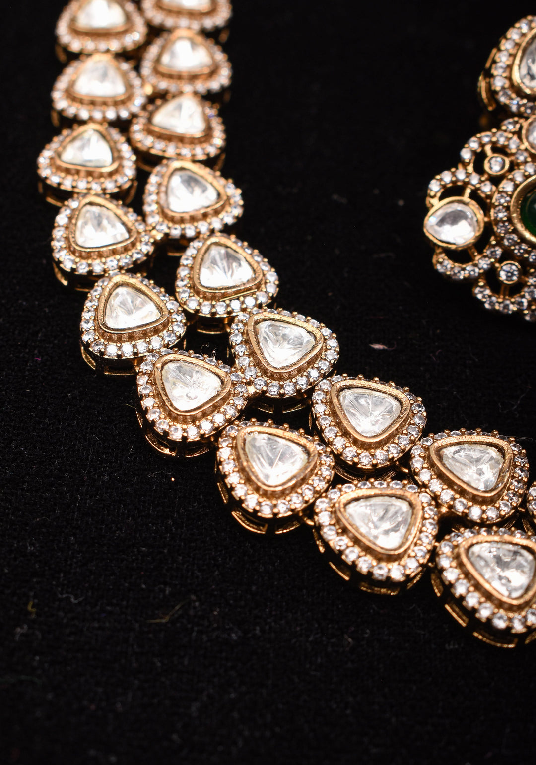 Classic Double layered Victorian Finish necklace set Stone Studded with White and Green Stones | Shobitam jewelry