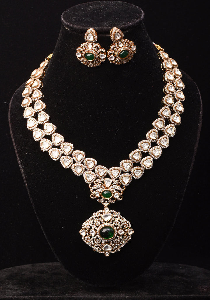 Classic Double layered Victorian Finish necklace set Stone Studded with White and Green Stones | Shobitam jewelry