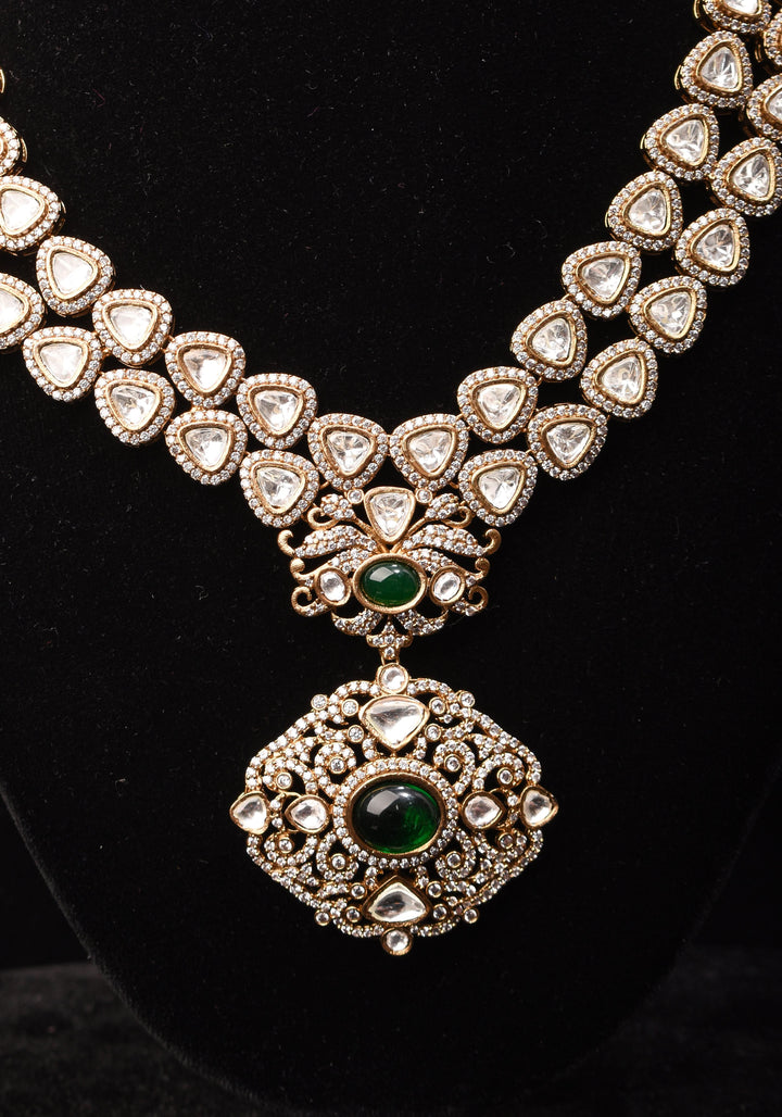 Classic Double layered Victorian Finish necklace set Stone Studded with White and Green Stones | Shobitam jewelry