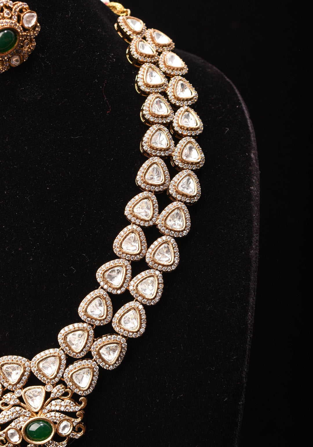 Classic Double layered Victorian Finish necklace set Stone Studded with White and Green Stones | Shobitam jewelry