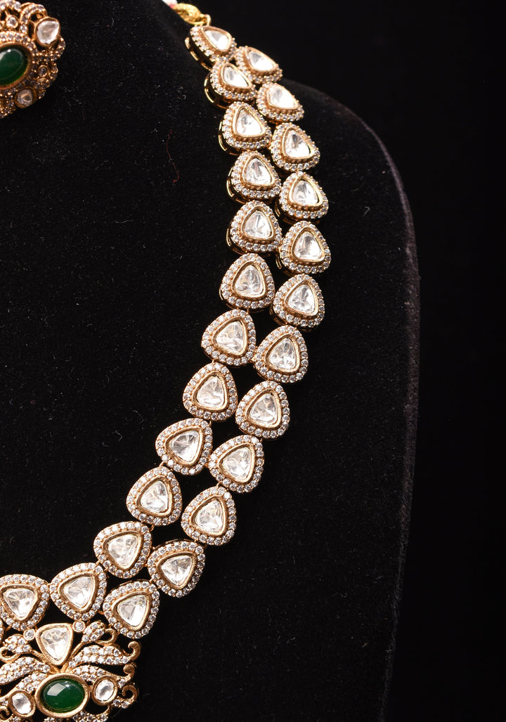 Classic Double layered Victorian Finish necklace set Stone Studded with White and Green Stones | Shobitam jewelry