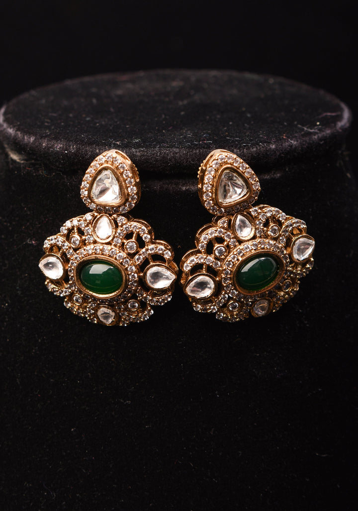 Classic Double layered Victorian Finish necklace set Stone Studded with White and Green Stones | Shobitam jewelry