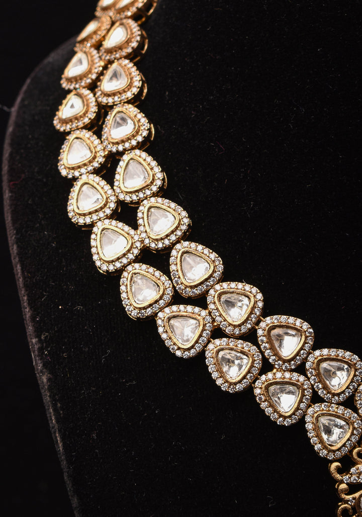 Classic Double layered Victorian Finish necklace set Stone Studded with White and Green Stones | Shobitam jewelry