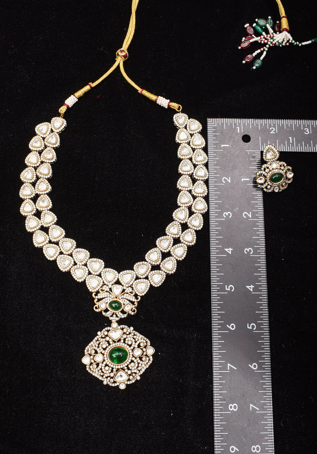 Classic Double layered Victorian Finish necklace set Stone Studded with White and Green Stones | Shobitam jewelry