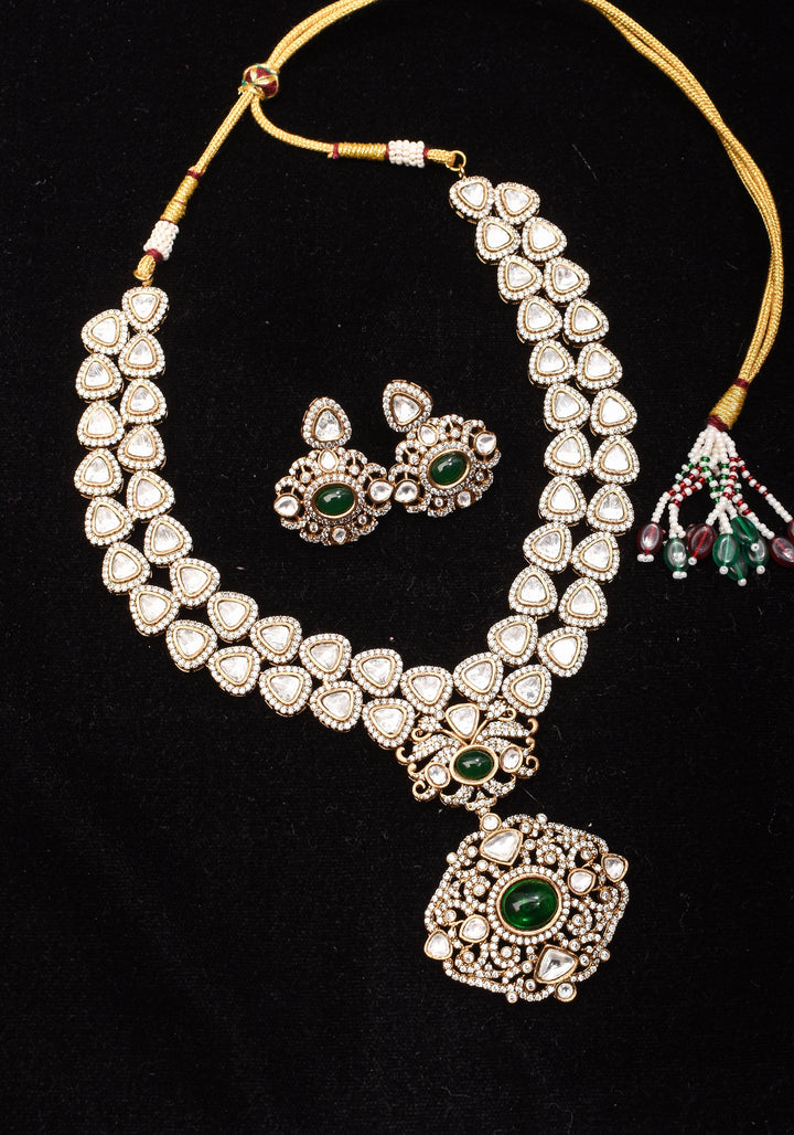 Classic Double layered Victorian Finish necklace set Stone Studded with White and Green Stones | Shobitam jewelry
