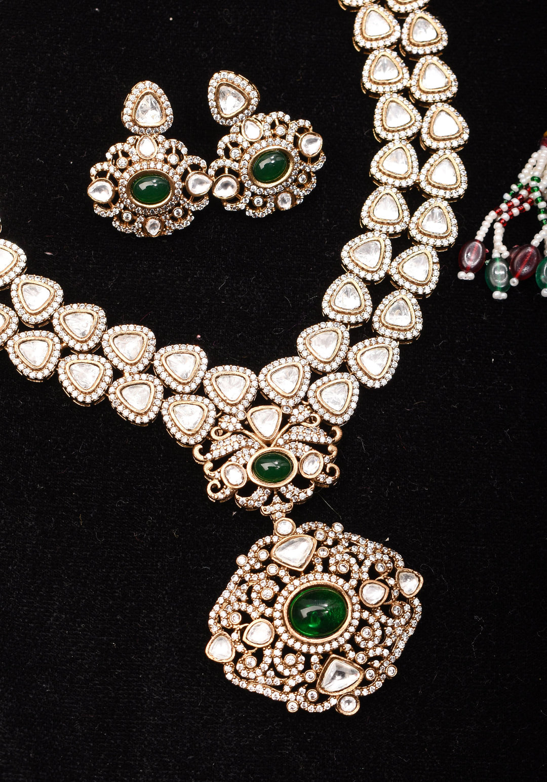Classic Double layered Victorian Finish necklace set Stone Studded with White and Green Stones | Shobitam jewelry