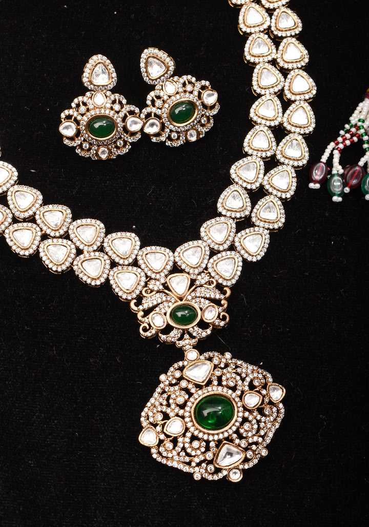 Classic Double layered Victorian Finish necklace set Stone Studded with White and Green Stones | Shobitam jewelry