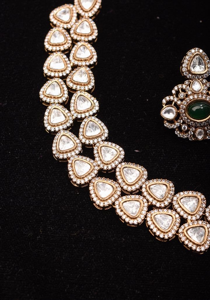 Classic Double layered Victorian Finish necklace set Stone Studded with White and Green Stones | Shobitam jewelry