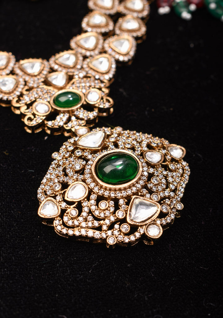 Classic Double layered Victorian Finish necklace set Stone Studded with White and Green Stones | Shobitam jewelry