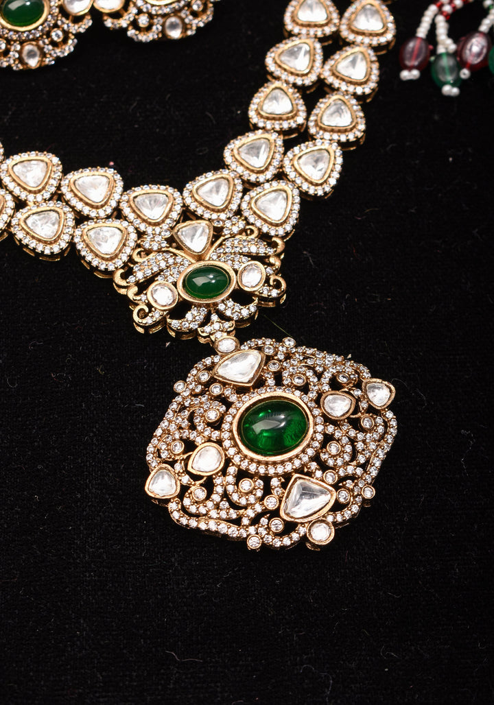 Classic Double layered Victorian Finish necklace set Stone Studded with White and Green Stones | Shobitam jewelry