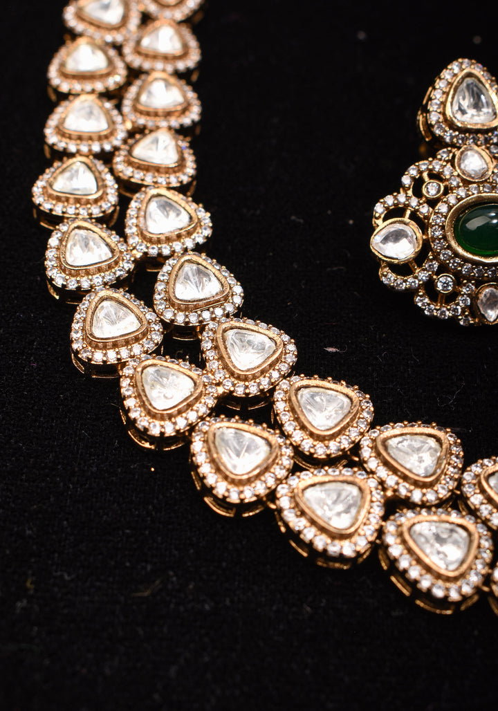 Classic Double layered Victorian Finish necklace set Stone Studded with White and Green Stones | Shobitam jewelry