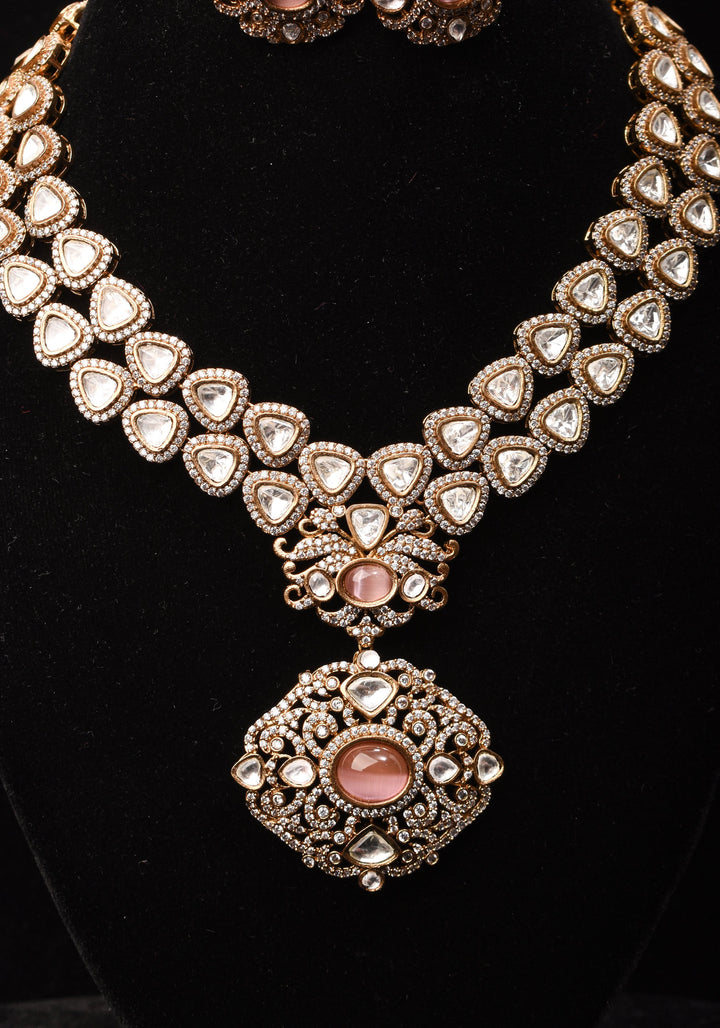 Classic Double layered Victorian Finish necklace set Stone Studded with White and Pink Stones | Shobitam jewelry