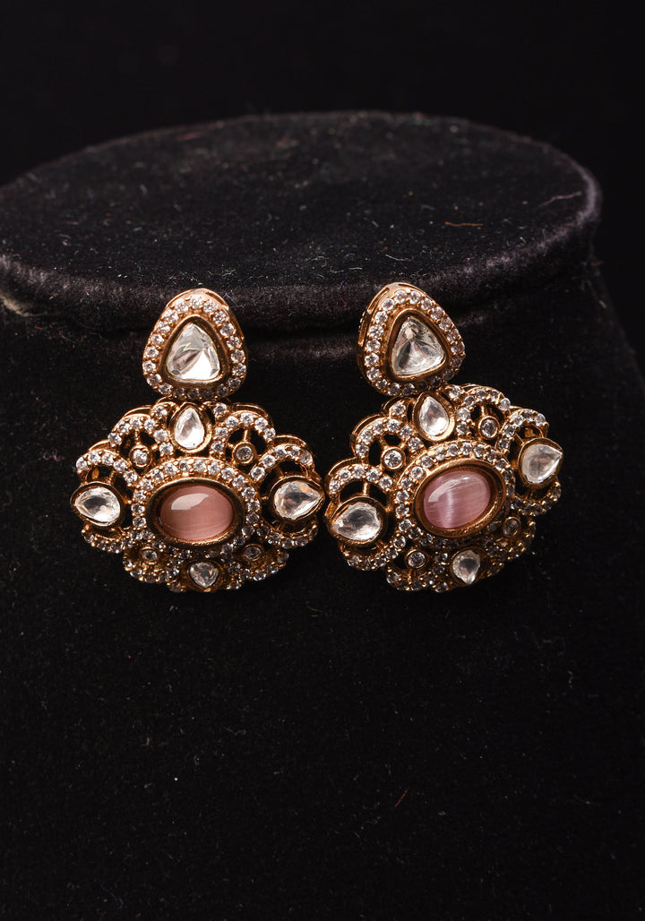 Classic Double layered Victorian Finish necklace set Stone Studded with White and Pink Stones | Shobitam jewelry