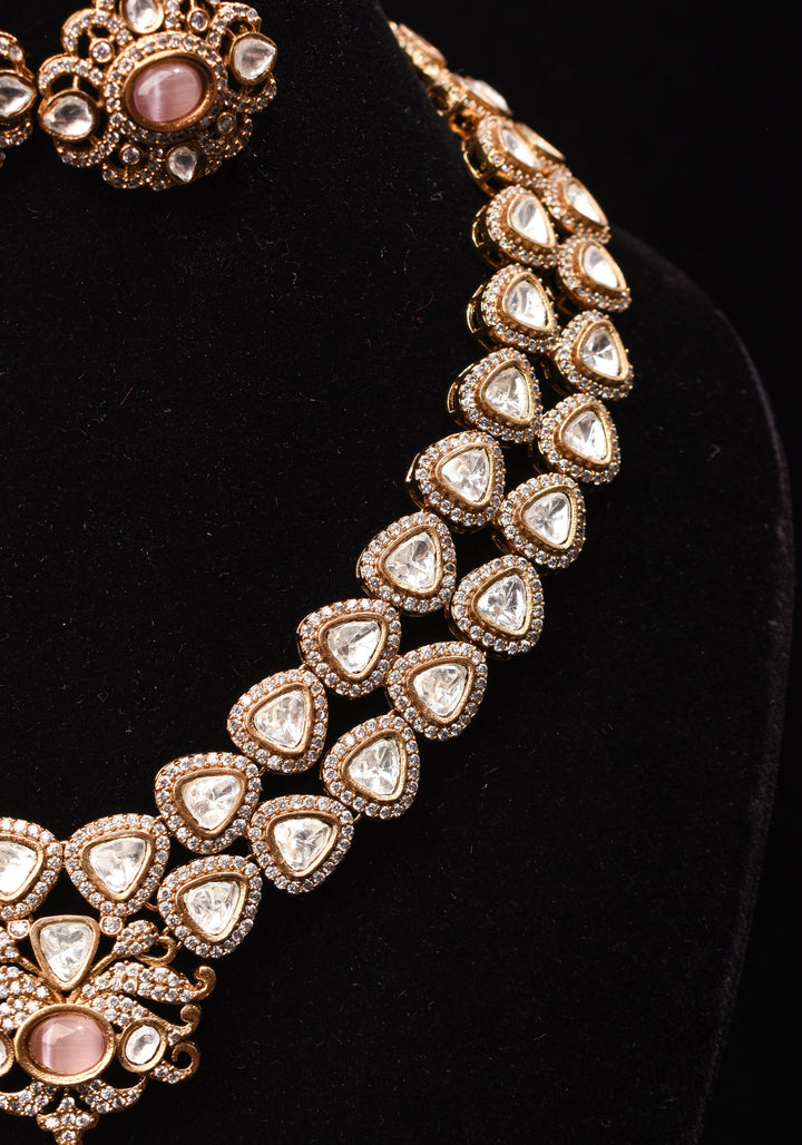 Classic Double layered Victorian Finish necklace set Stone Studded with White and Pink Stones | Shobitam jewelry