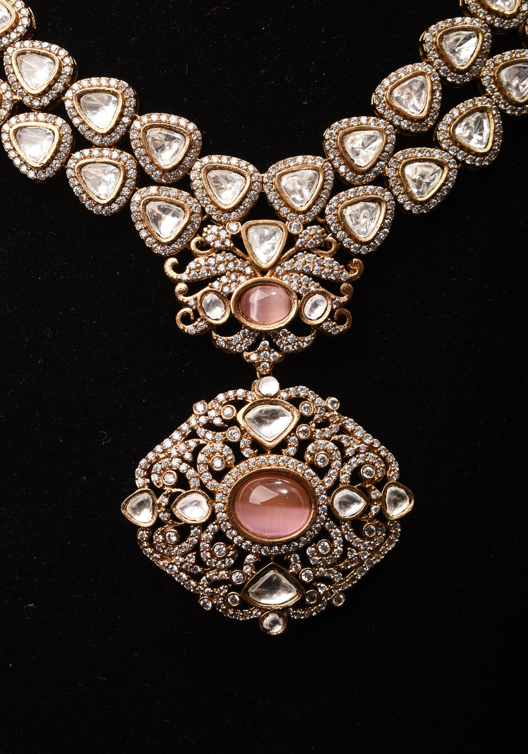 Classic Double layered Victorian Finish necklace set Stone Studded with White and Pink Stones | Shobitam jewelry