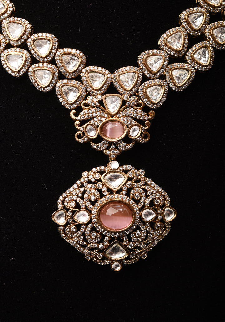 Classic Double layered Victorian Finish necklace set Stone Studded with White and Pink Stones | Shobitam jewelry