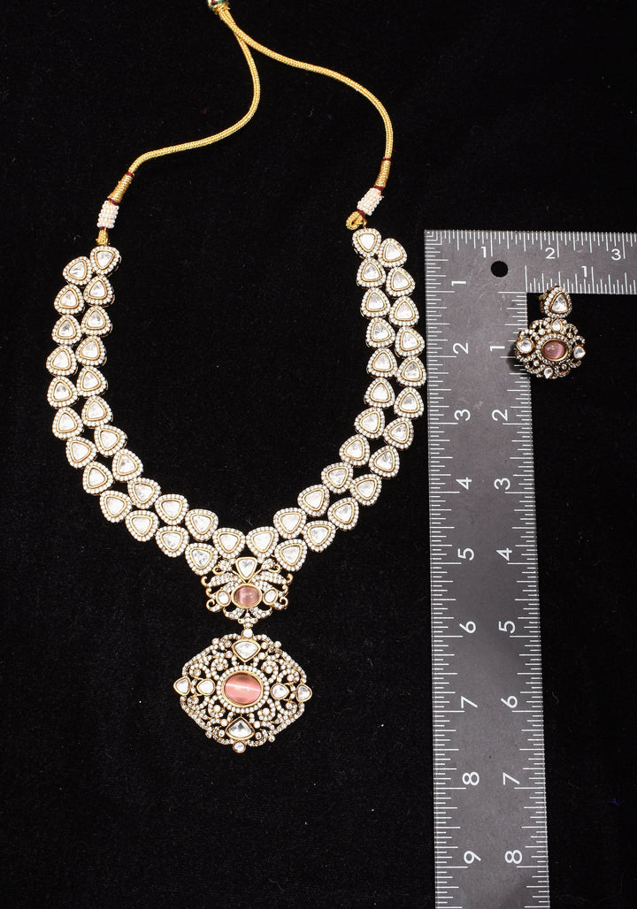 Classic Double layered Victorian Finish necklace set Stone Studded with White and Pink Stones | Shobitam jewelry