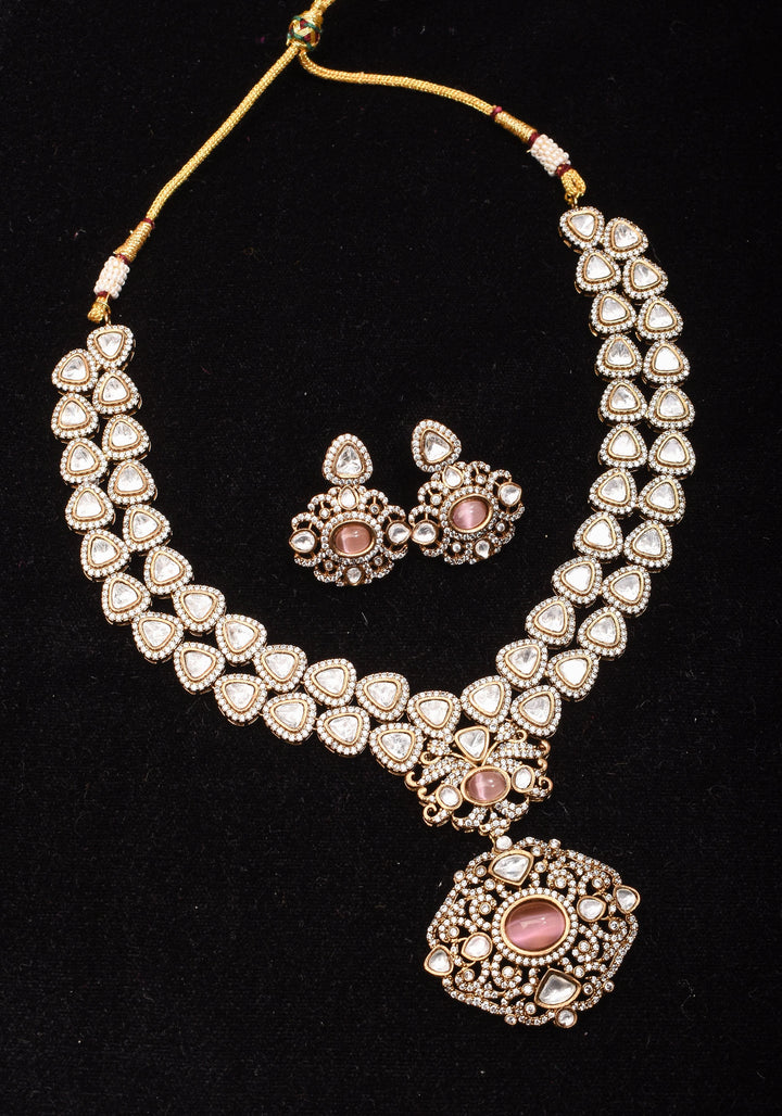 Classic Double layered Victorian Finish necklace set Stone Studded with White and Pink Stones | Shobitam jewelry