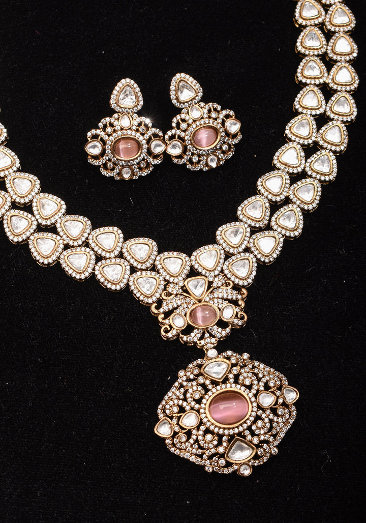 Classic Double layered Victorian Finish necklace set Stone Studded with White and Pink Stones | Shobitam jewelry
