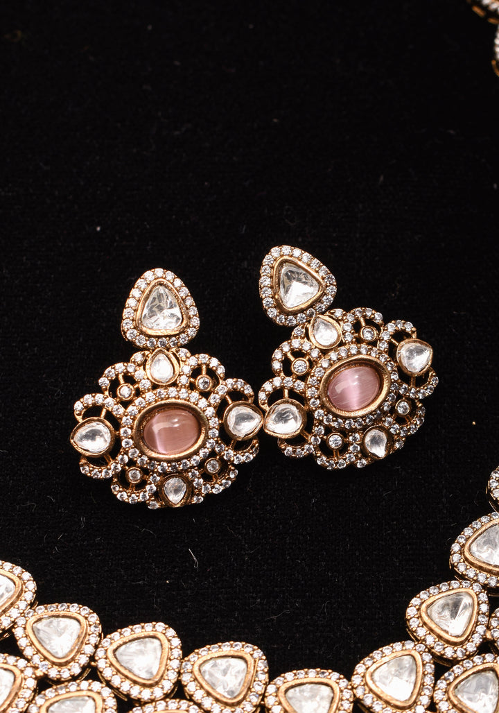 Classic Double layered Victorian Finish necklace set Stone Studded with White and Pink Stones | Shobitam jewelry