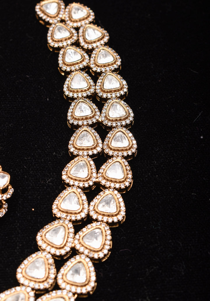 Classic Double layered Victorian Finish necklace set Stone Studded with White and Pink Stones | Shobitam jewelry