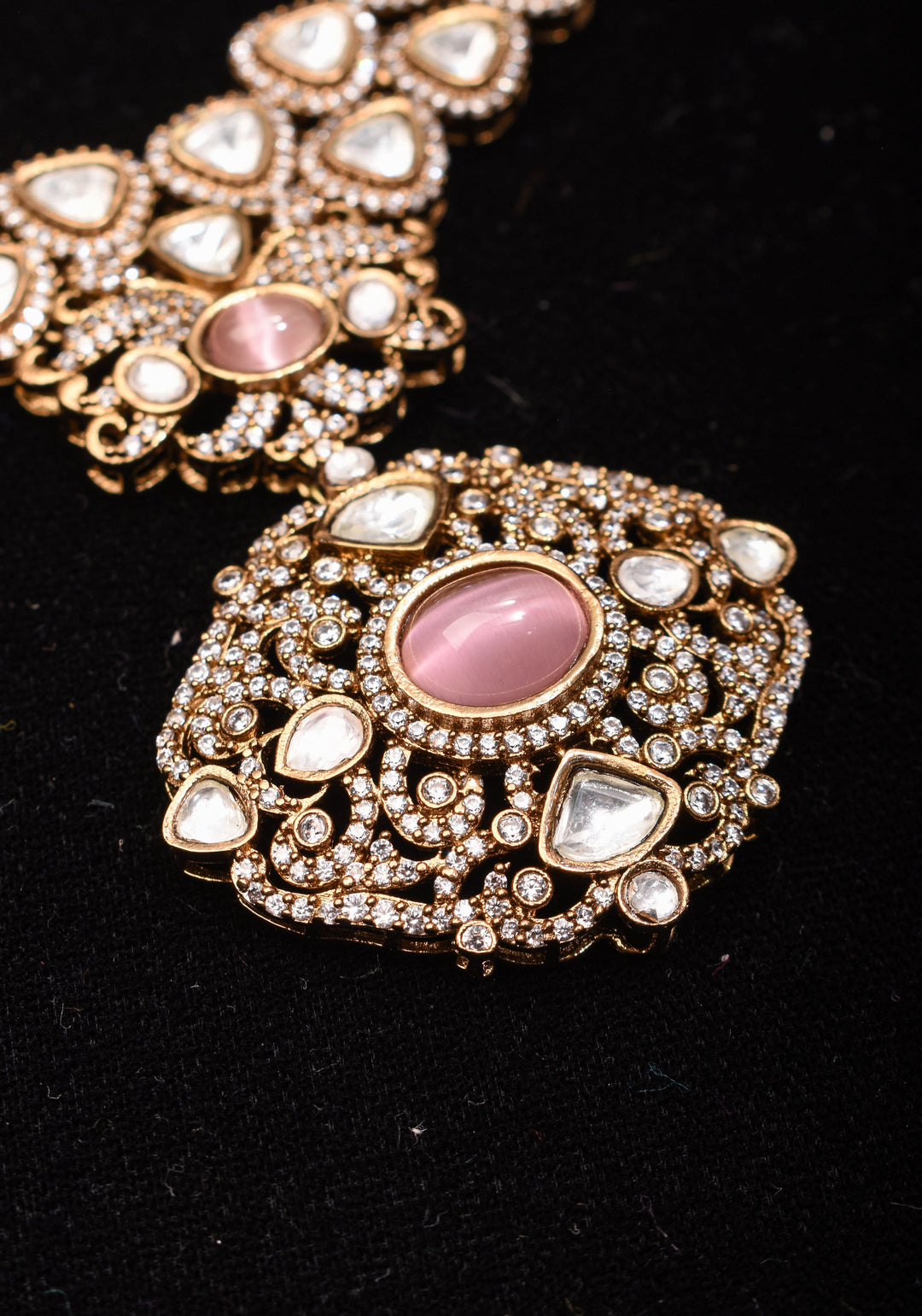 Classic Double layered Victorian Finish necklace set Stone Studded with White and Pink Stones | Shobitam jewelry