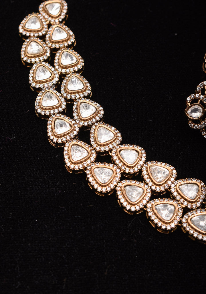 Classic Double layered Victorian Finish necklace set Stone Studded with White and Pink Stones | Shobitam jewelry