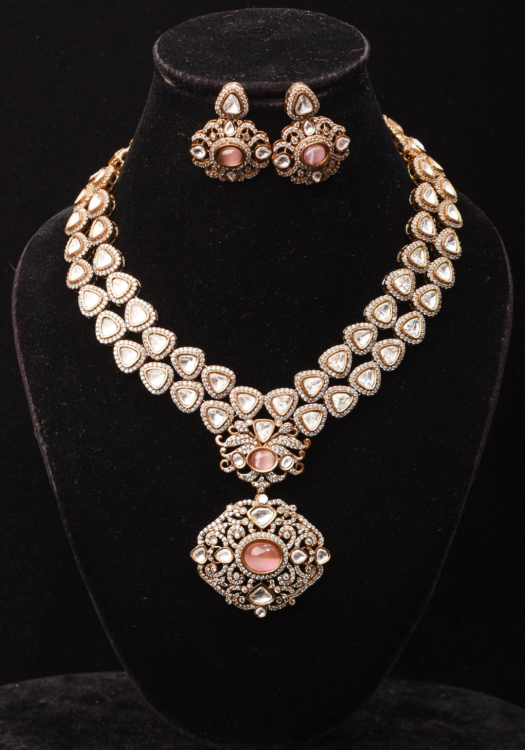 Classic Double layered Victorian Finish necklace set Stone Studded with White and Pink Stones | Shobitam jewelry