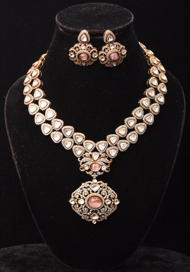 Classic Double layered Victorian Finish necklace set Stone Studded with White and Pink Stones | Shobitam jewelry