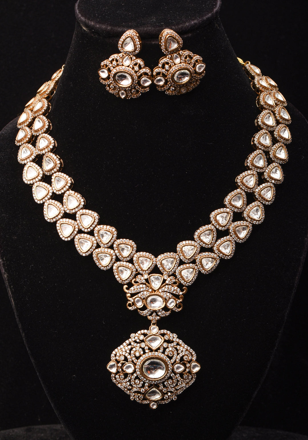 Classic Double layered Victorian Finish necklace set Stone Studded with White Stones | Shobitam jewelry