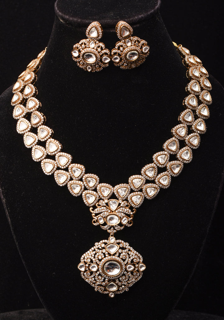 Classic Double layered Victorian Finish necklace set Stone Studded with White Stones | Shobitam jewelry