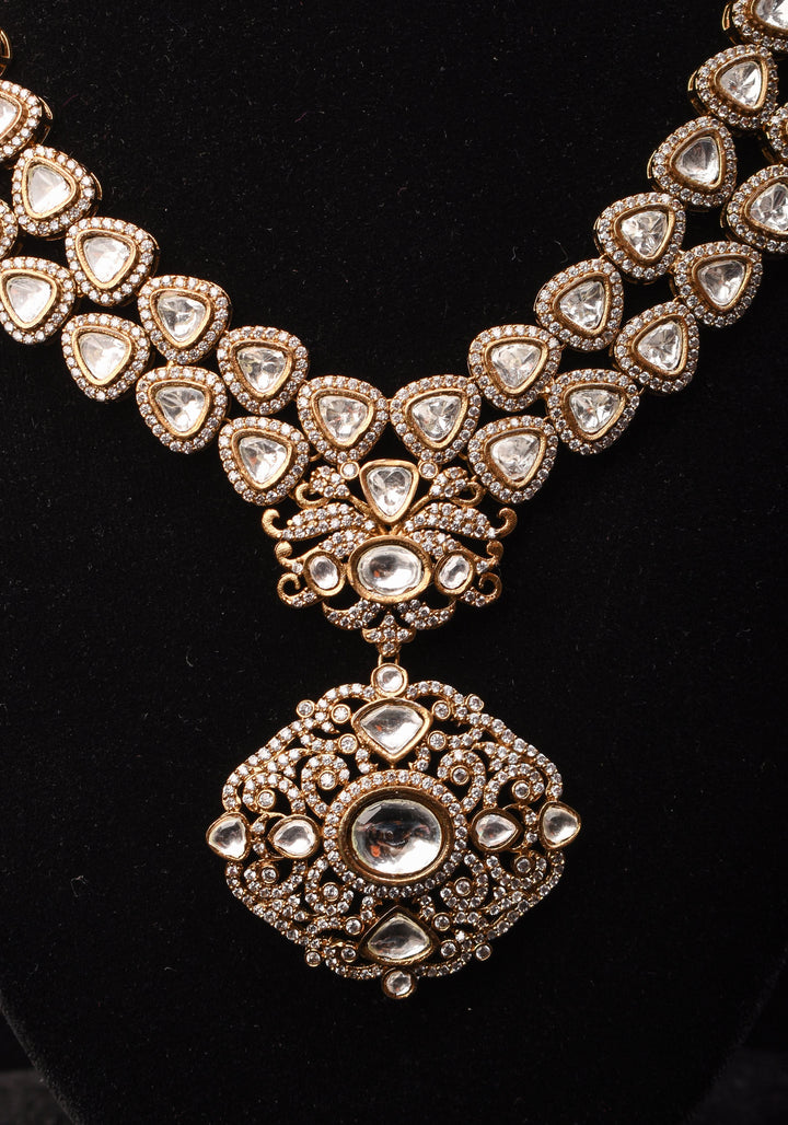 Classic Double layered Victorian Finish necklace set Stone Studded with White Stones | Shobitam jewelry