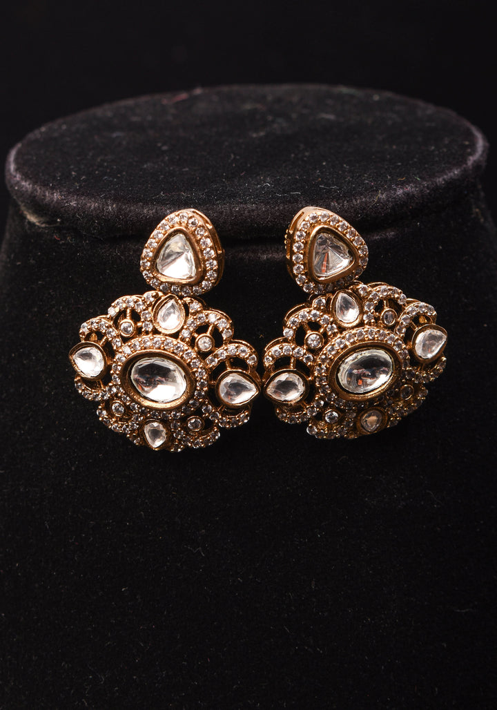 Classic Double layered Victorian Finish necklace set Stone Studded with White Stones | Shobitam jewelry