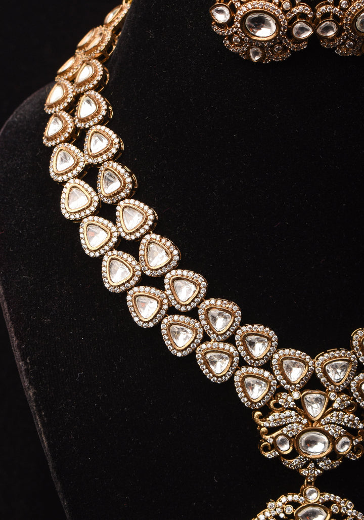 Classic Double layered Victorian Finish necklace set Stone Studded with White Stones | Shobitam jewelry