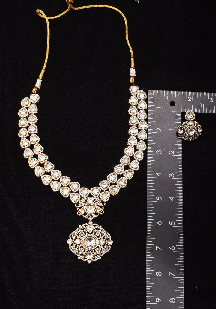 Classic Double layered Victorian Finish necklace set Stone Studded with White Stones | Shobitam jewelry