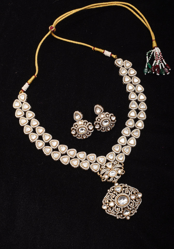Classic Double layered Victorian Finish necklace set Stone Studded with White Stones | Shobitam jewelry