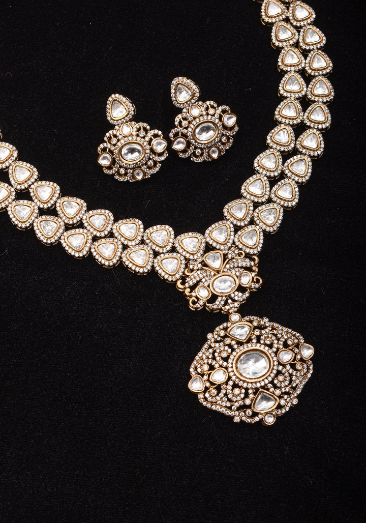 Classic Double layered Victorian Finish necklace set Stone Studded with White Stones | Shobitam jewelry
