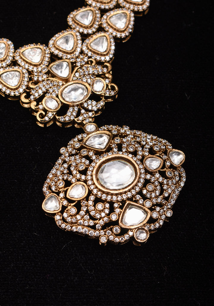 Classic Double layered Victorian Finish necklace set Stone Studded with White Stones | Shobitam jewelry
