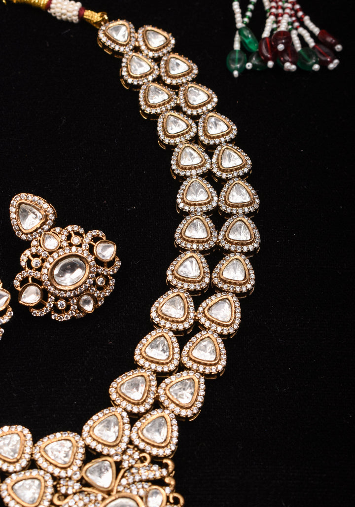 Classic Double layered Victorian Finish necklace set Stone Studded with White Stones | Shobitam jewelry