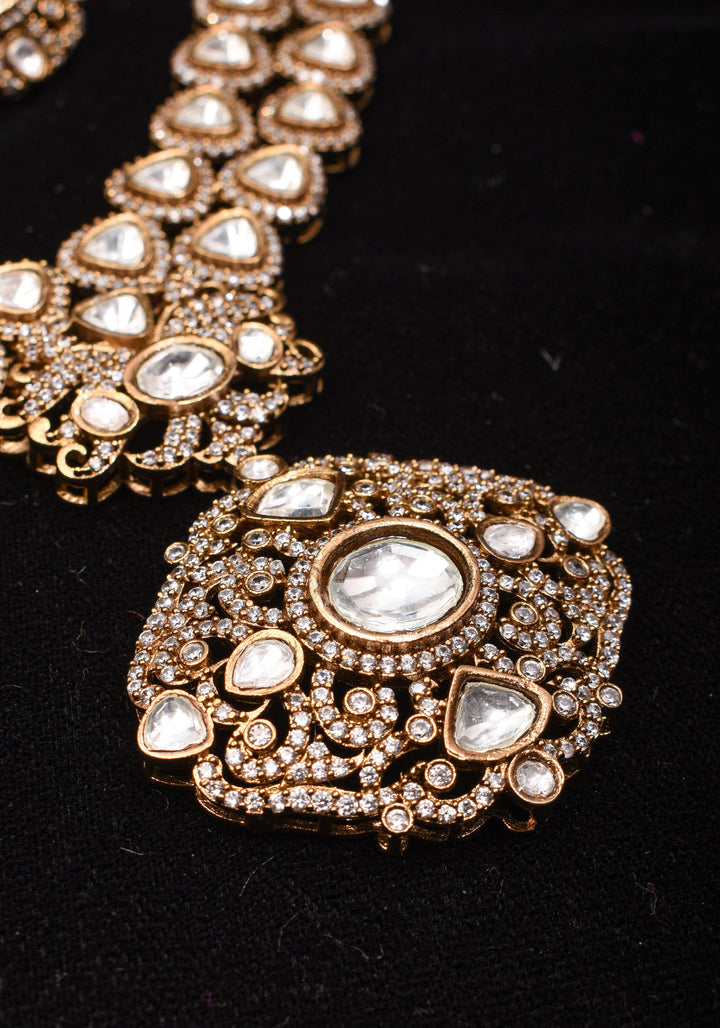Classic Double layered Victorian Finish necklace set Stone Studded with White Stones | Shobitam jewelry