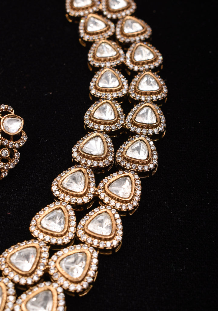 Classic Double layered Victorian Finish necklace set Stone Studded with White Stones | Shobitam jewelry