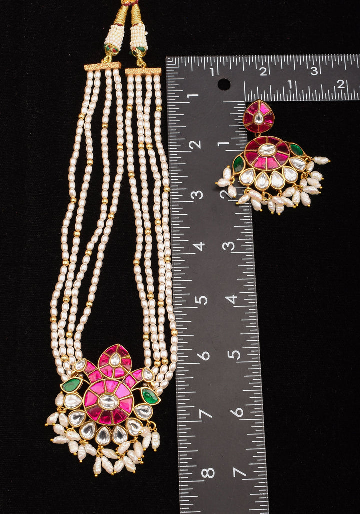 Multistrand beads Floral Pink and green stones Jadau Necklale Set | Shobitam Jewelry