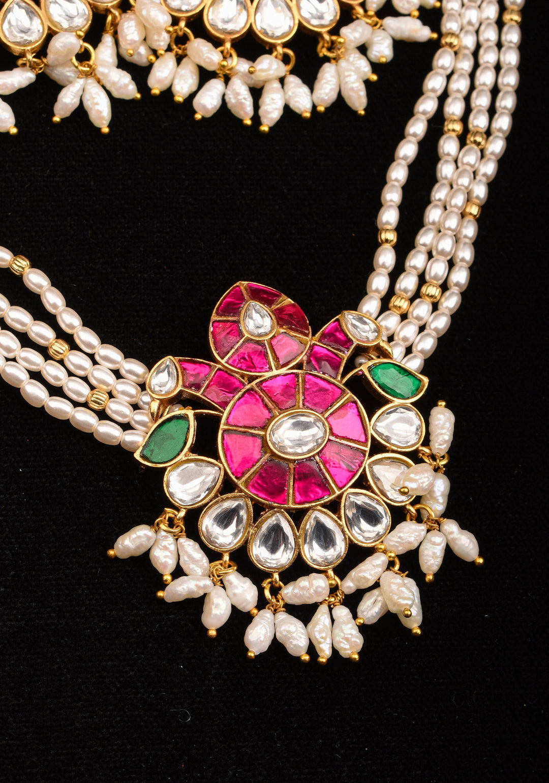Multistrand beads Floral Pink and green stones Jadau Necklale Set | Shobitam Jewelry