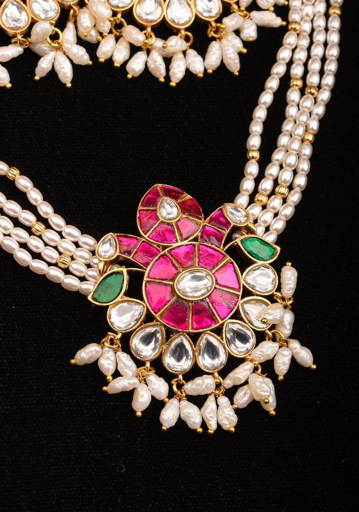 Multistrand beads Floral Pink and green stones Jadau Necklale Set | Shobitam Jewelry