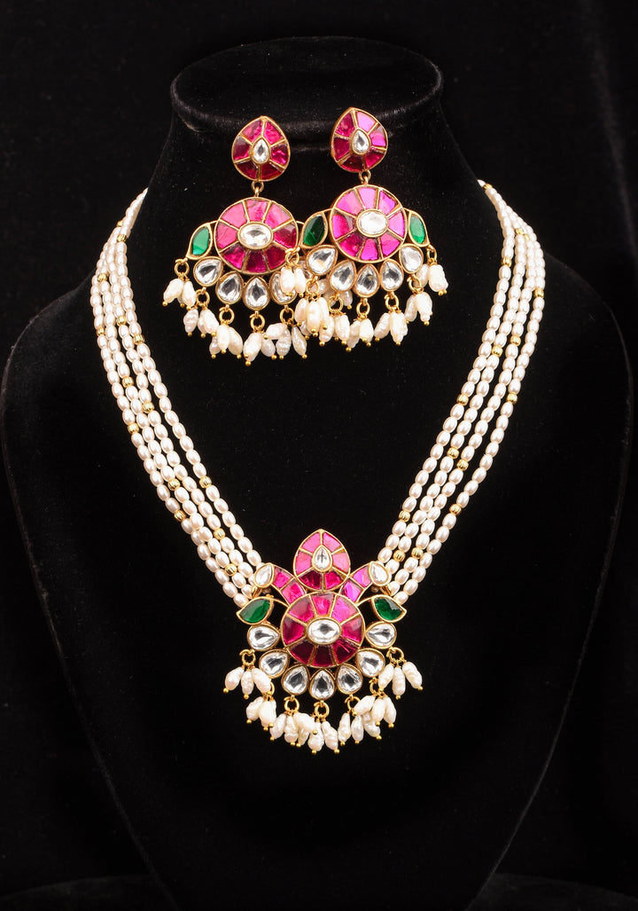 Multistrand beads Floral Pink and green stones Jadau Necklale Set | Shobitam Jewelry