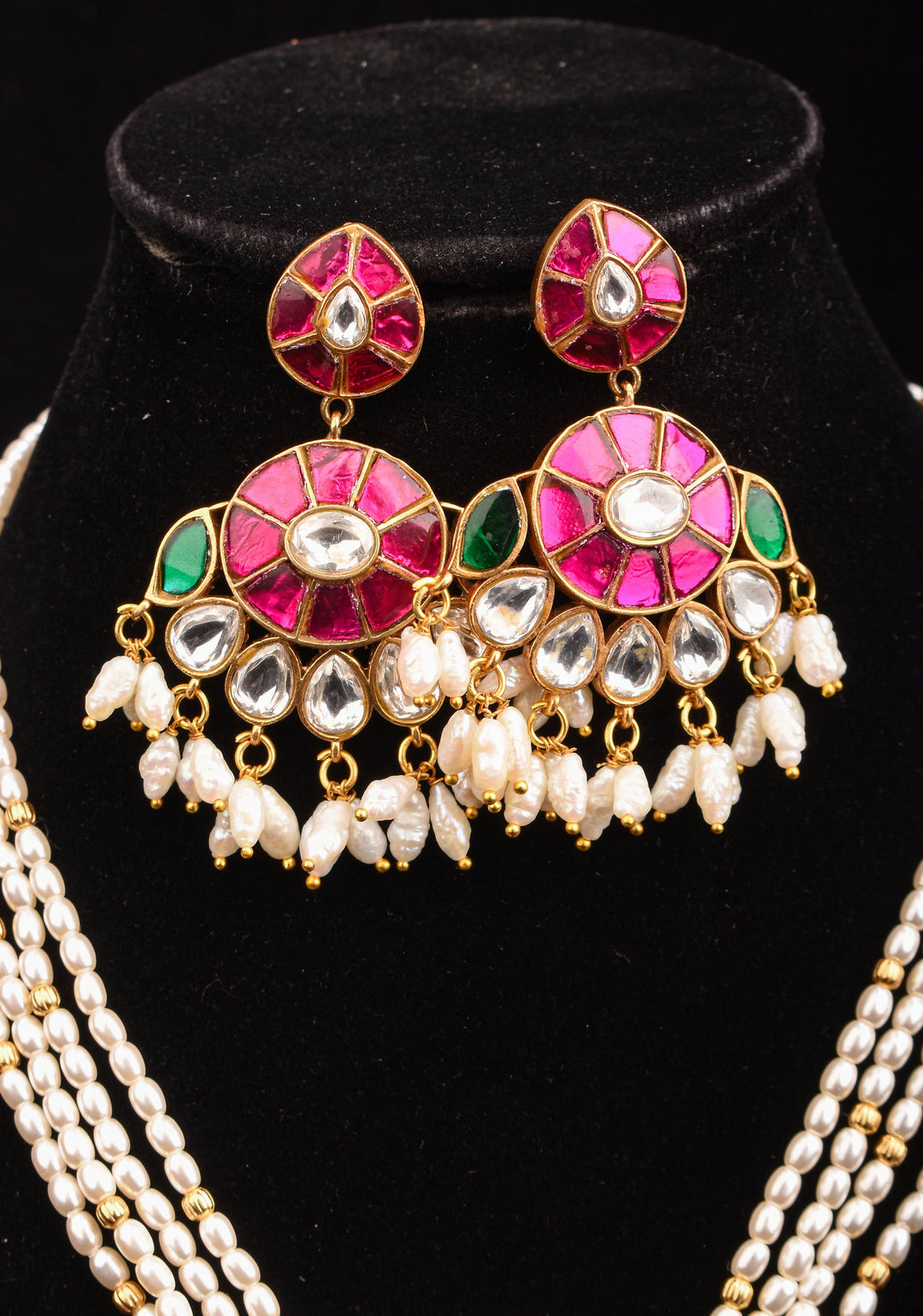 Multistrand beads Floral Pink and green stones Jadau Necklale Set | Shobitam Jewelry